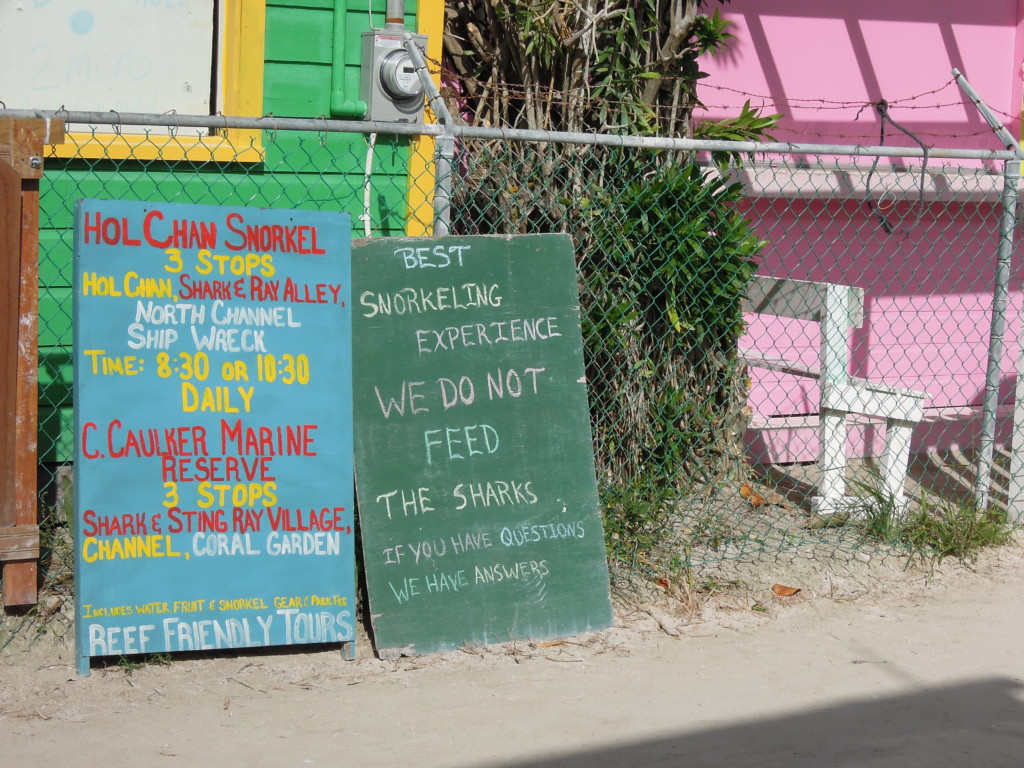 „Nie karmimy rekinów!” głosi szyld agencji oferującej wycieczki ze snorkelowaniem, Caye Caulker, Belize, fot. M. Lehrmann